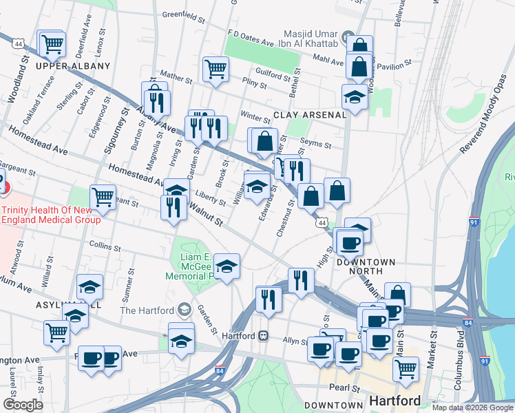 map of restaurants, bars, coffee shops, grocery stores, and more near 85 Edwards Street in Hartford