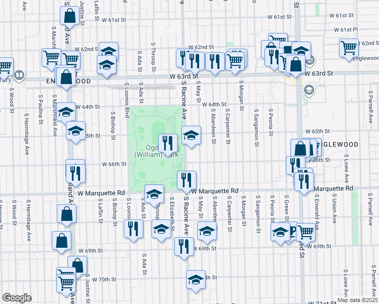 map of restaurants, bars, coffee shops, grocery stores, and more near 6504 South Racine Avenue in Chicago