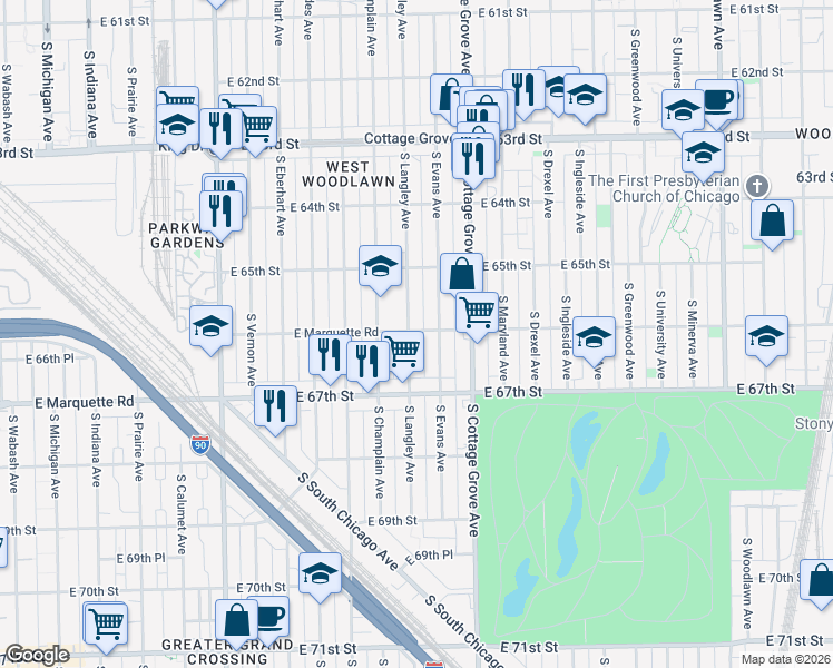 map of restaurants, bars, coffee shops, grocery stores, and more near 6552 South Evans Avenue in Chicago