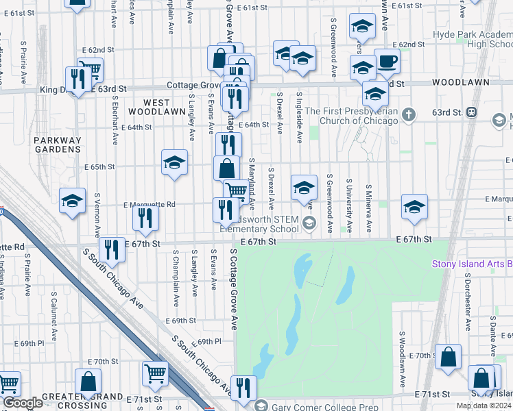 map of restaurants, bars, coffee shops, grocery stores, and more near 6601 South Maryland Avenue in Chicago
