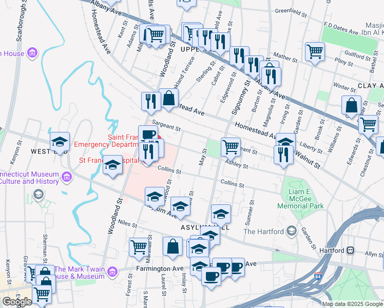 map of restaurants, bars, coffee shops, grocery stores, and more near 173 Ashley Street in Hartford