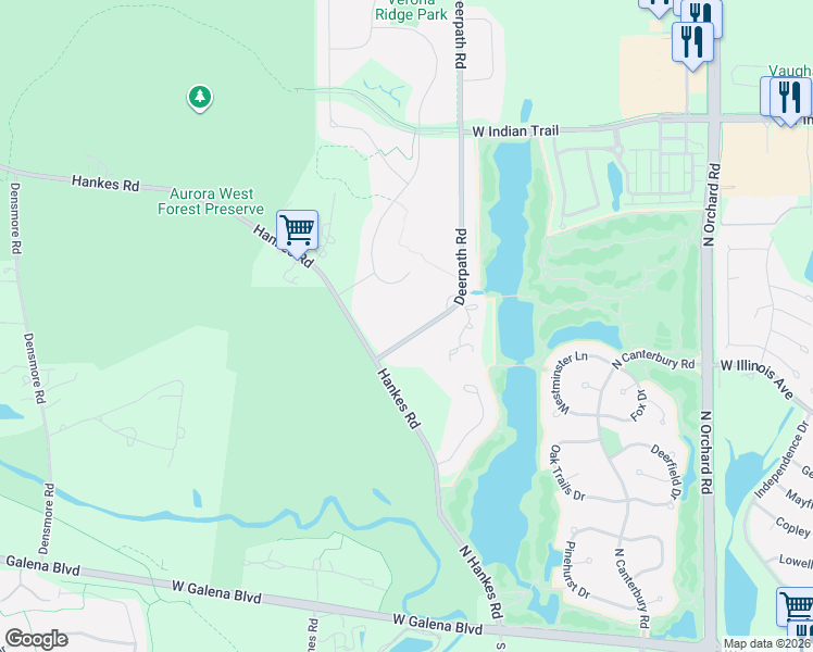 map of restaurants, bars, coffee shops, grocery stores, and more near 39W594 Deerpath Road in Aurora