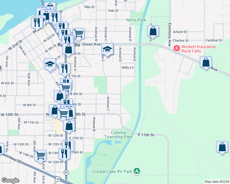 map of restaurants, bars, coffee shops, grocery stores, and more near 517 East 8th Street in Rock Falls