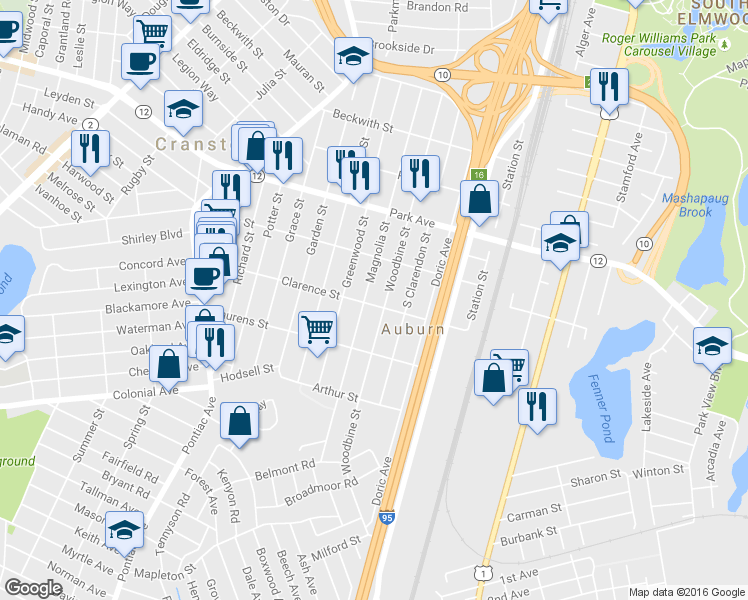 map of restaurants, bars, coffee shops, grocery stores, and more near 91 Clarence Street in Cranston