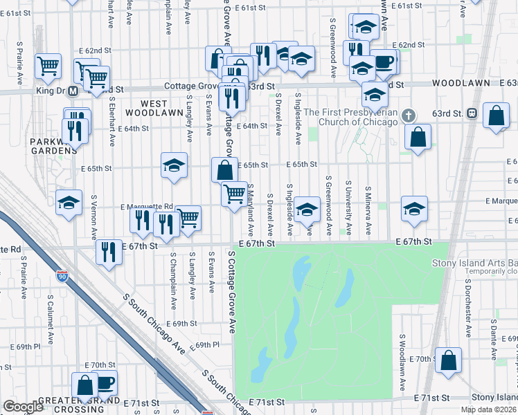 map of restaurants, bars, coffee shops, grocery stores, and more near 6601 South Maryland Avenue in Chicago