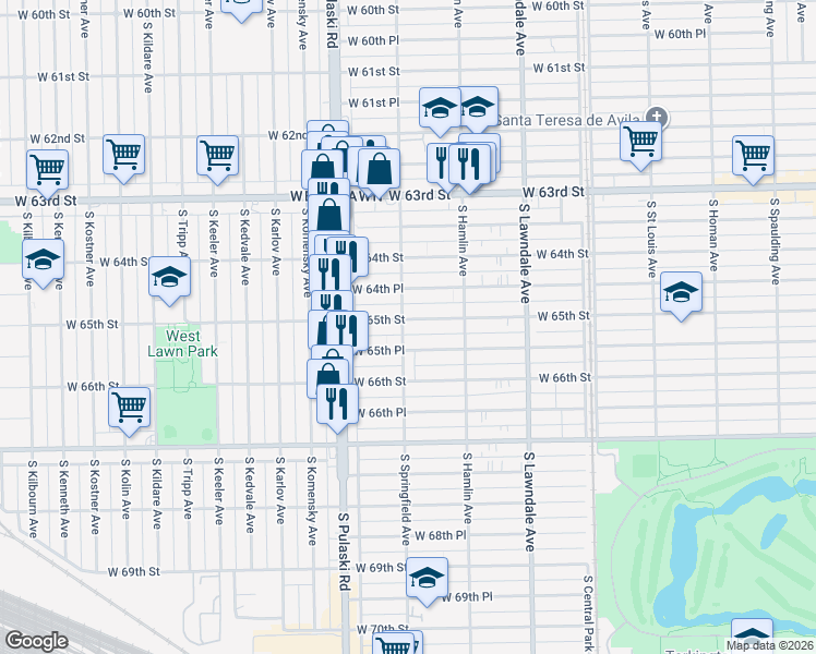 map of restaurants, bars, coffee shops, grocery stores, and more near 3859 West 65th Street in Chicago