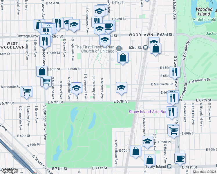 map of restaurants, bars, coffee shops, grocery stores, and more near 6600 South Woodlawn Avenue in Chicago
