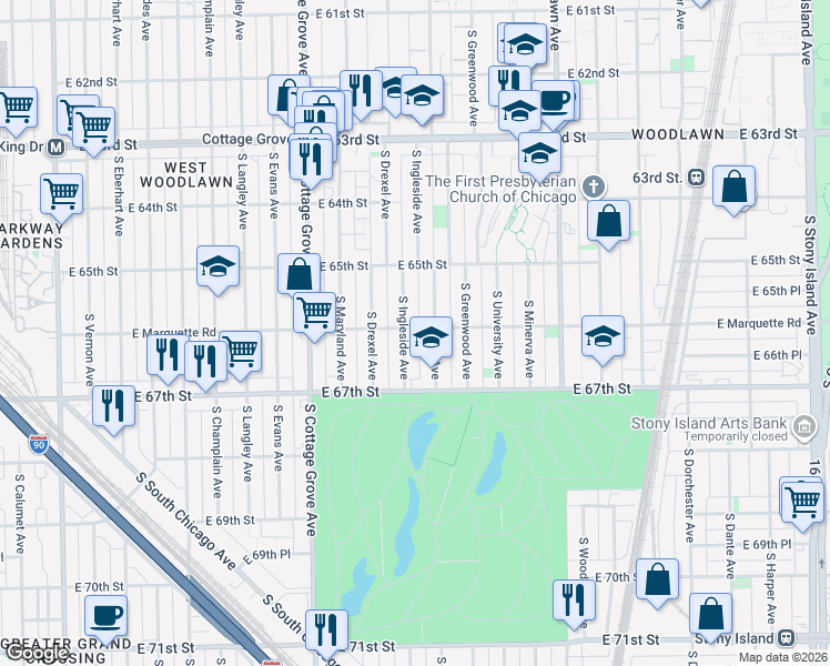map of restaurants, bars, coffee shops, grocery stores, and more near 6620 South Ellis Avenue in Chicago