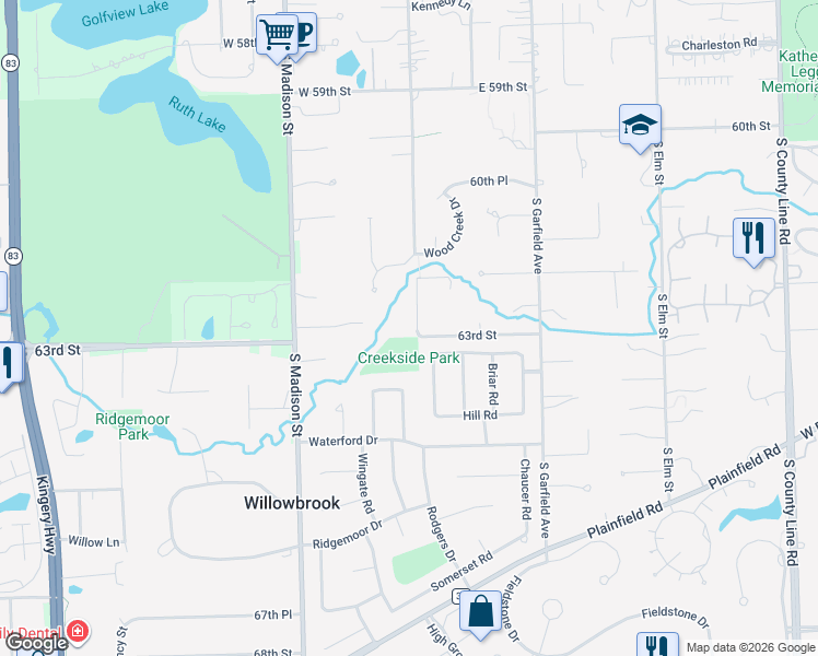 map of restaurants, bars, coffee shops, grocery stores, and more near 6280 South Grant Street in Burr Ridge