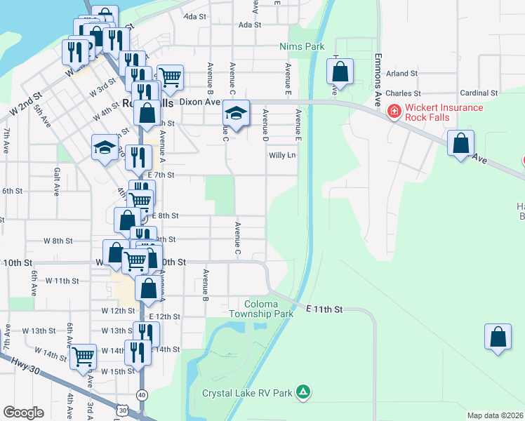 map of restaurants, bars, coffee shops, grocery stores, and more near 517 East 8th Street in Rock Falls