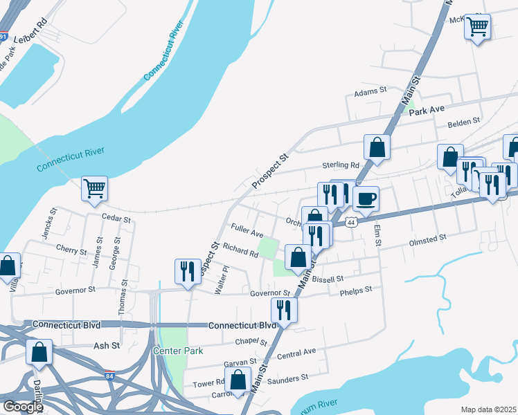 map of restaurants, bars, coffee shops, grocery stores, and more near 90R Orchard Street in East Hartford