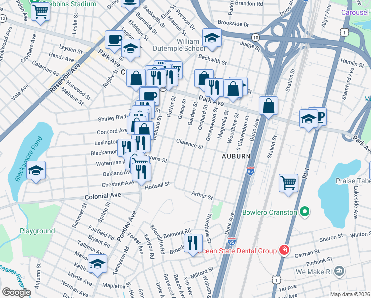 map of restaurants, bars, coffee shops, grocery stores, and more near 216 Garden Street in Cranston