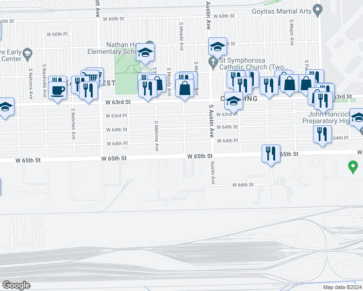 map of restaurants, bars, coffee shops, grocery stores, and more near 6105 West 64th Place in Chicago