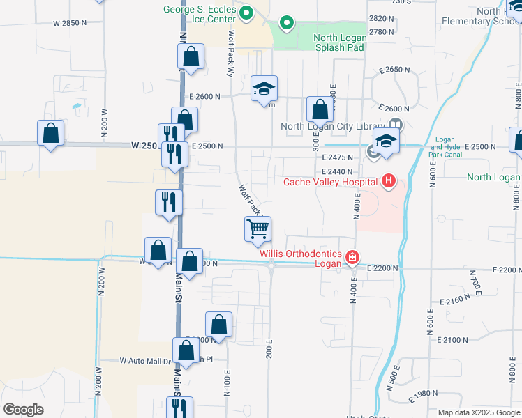 map of restaurants, bars, coffee shops, grocery stores, and more near 2343 Wolf Pack Way in North Logan