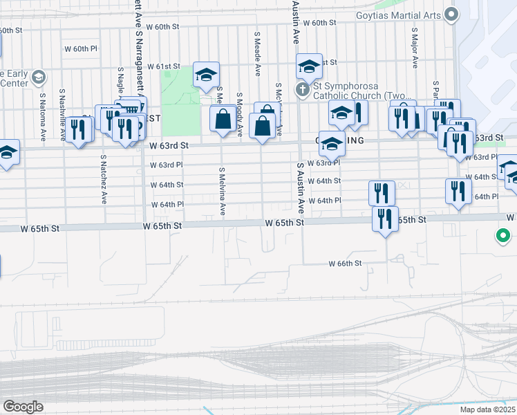 map of restaurants, bars, coffee shops, grocery stores, and more near 6105 West 64th Place in Chicago
