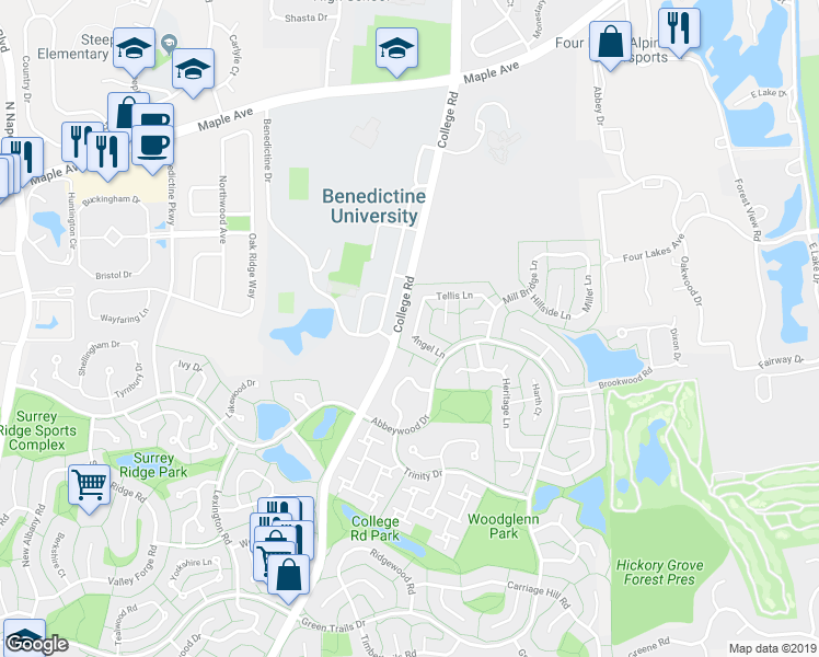map of restaurants, bars, coffee shops, grocery stores, and more near 6072 Angel Lane in Lisle