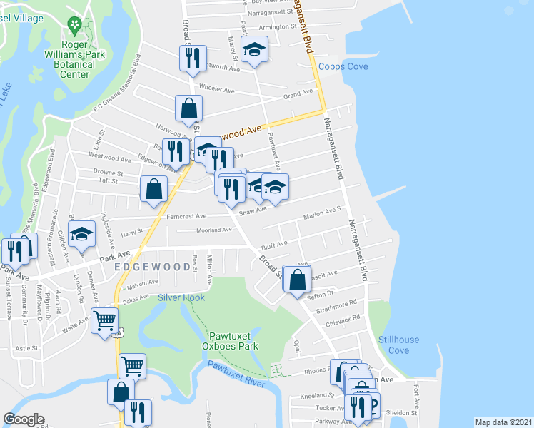 map of restaurants, bars, coffee shops, grocery stores, and more near 160 Shaw Avenue in Cranston