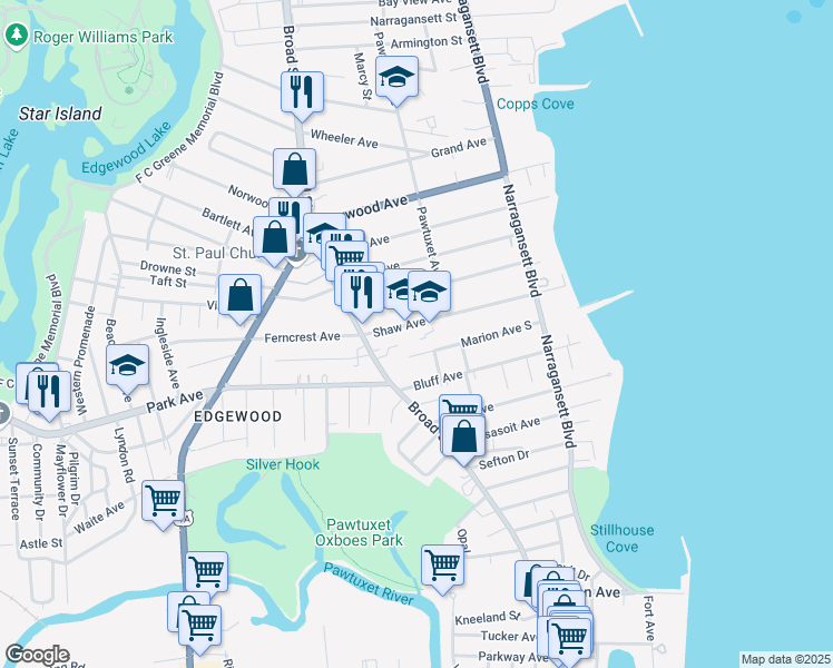 map of restaurants, bars, coffee shops, grocery stores, and more near 160 Shaw Avenue in Cranston