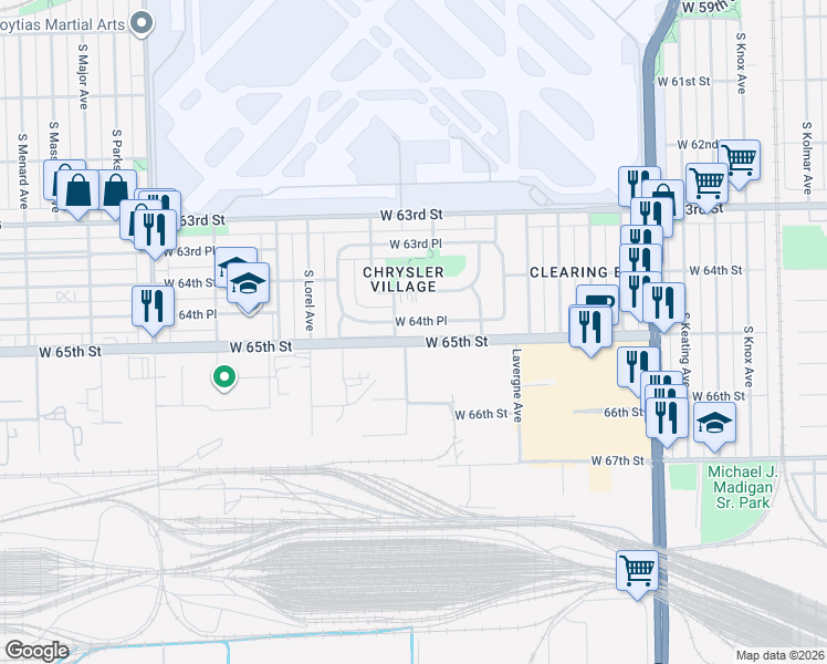 map of restaurants, bars, coffee shops, grocery stores, and more near 5171 West 64th Place in Chicago