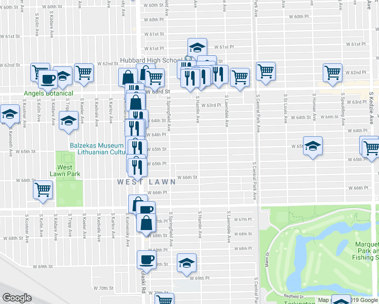 map of restaurants, bars, coffee shops, grocery stores, and more near 3819 West 65th Street in Chicago