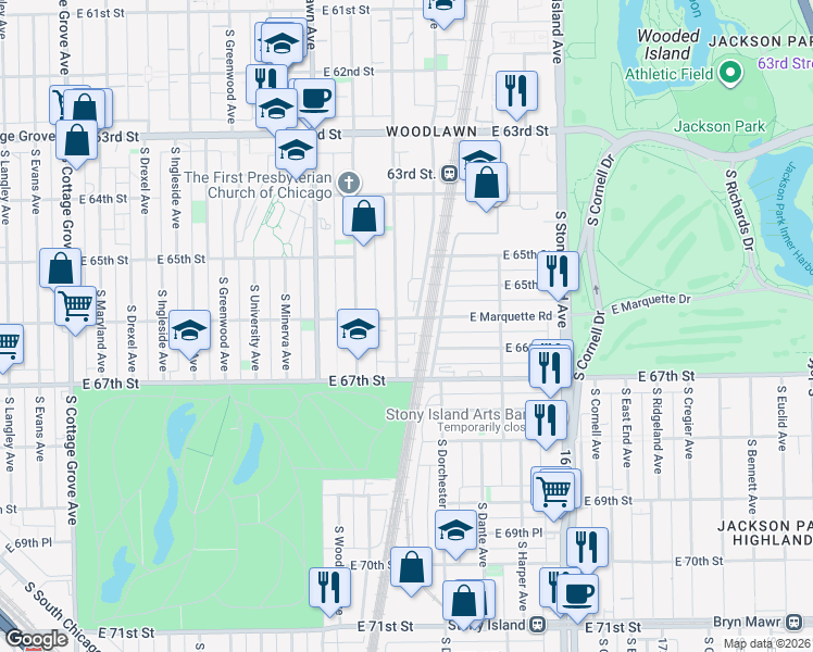 map of restaurants, bars, coffee shops, grocery stores, and more near 1351 East Marquette Road in Chicago