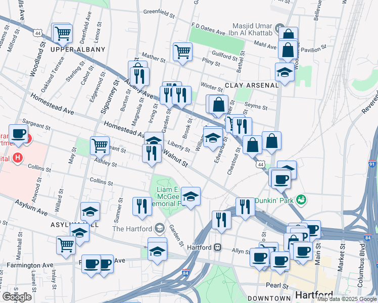 map of restaurants, bars, coffee shops, grocery stores, and more near 11 Liberty Street in Hartford