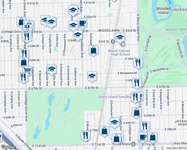 map of restaurants, bars, coffee shops, grocery stores, and more near 6601 South Kimbark Avenue in Chicago