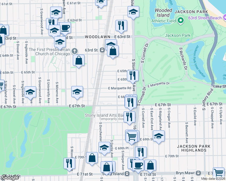map of restaurants, bars, coffee shops, grocery stores, and more near 1457 East Marquette Road in Chicago