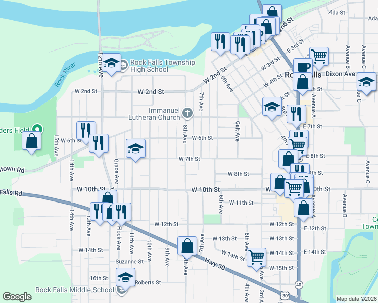 map of restaurants, bars, coffee shops, grocery stores, and more near 611 8th Avenue in Rock Falls