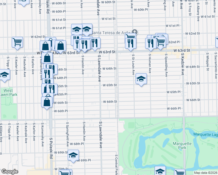 map of restaurants, bars, coffee shops, grocery stores, and more near 3625 West 65th Street in Chicago