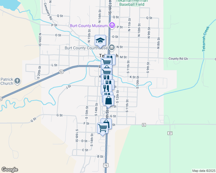 map of restaurants, bars, coffee shops, grocery stores, and more near 1298 J Street in Tekamah