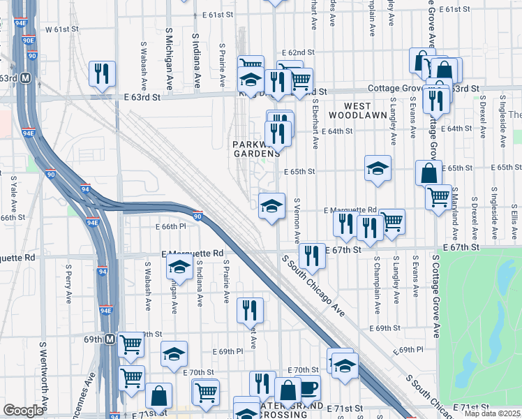 map of restaurants, bars, coffee shops, grocery stores, and more near 6544 Norfolk Southern Railway in Chicago