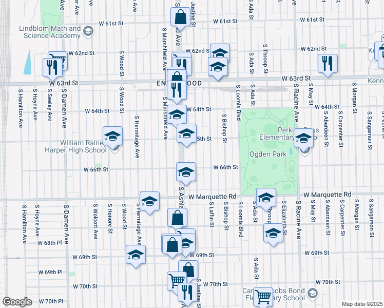 map of restaurants, bars, coffee shops, grocery stores, and more near 6528 S Justine St in Chicago