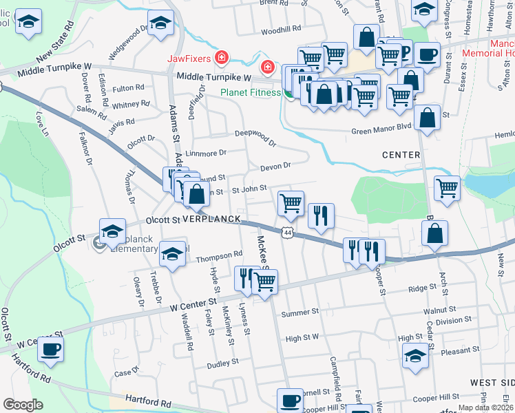 map of restaurants, bars, coffee shops, grocery stores, and more near 21 Stone Street in Manchester