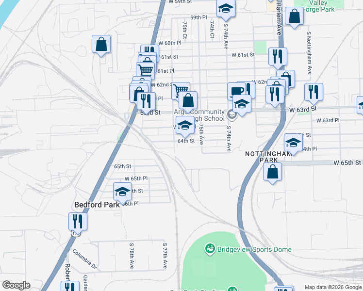 map of restaurants, bars, coffee shops, grocery stores, and more near 7555 64th Street in Summit