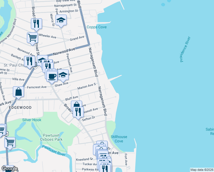 map of restaurants, bars, coffee shops, grocery stores, and more near 6 Kensington Road in Cranston