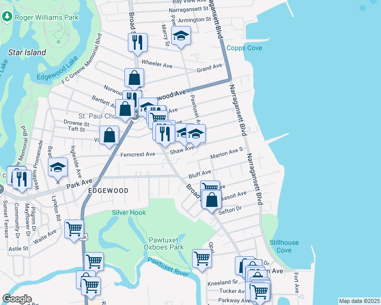 map of restaurants, bars, coffee shops, grocery stores, and more near 180 Shaw Avenue in Cranston