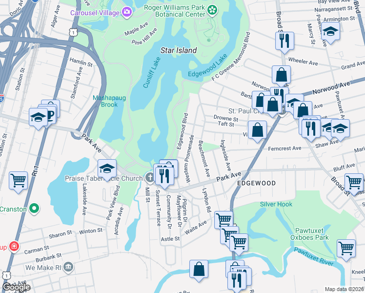 map of restaurants, bars, coffee shops, grocery stores, and more near 105 Western Promenade in Cranston