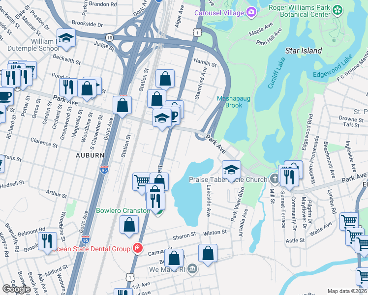 map of restaurants, bars, coffee shops, grocery stores, and more near 32 Prospect Street in Cranston