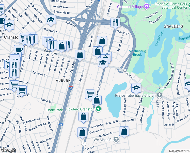 map of restaurants, bars, coffee shops, grocery stores, and more near 69 Fenner Street in Cranston
