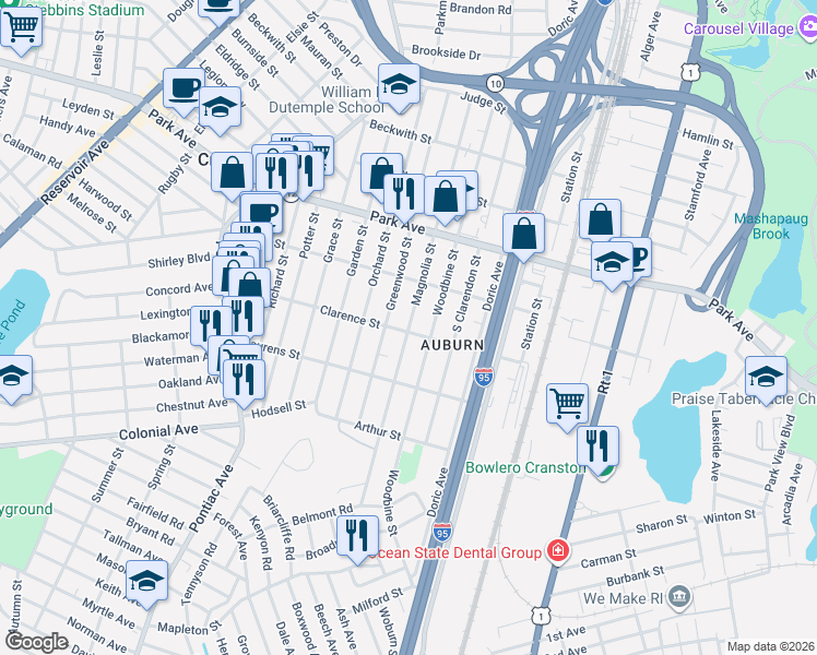 map of restaurants, bars, coffee shops, grocery stores, and more near 91 Clarence Street in Cranston