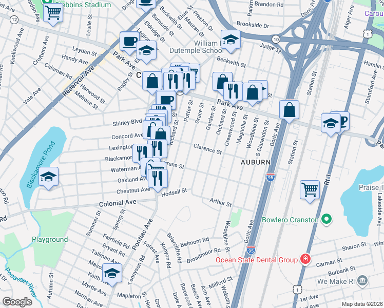 map of restaurants, bars, coffee shops, grocery stores, and more near 187 Grace Street in Cranston