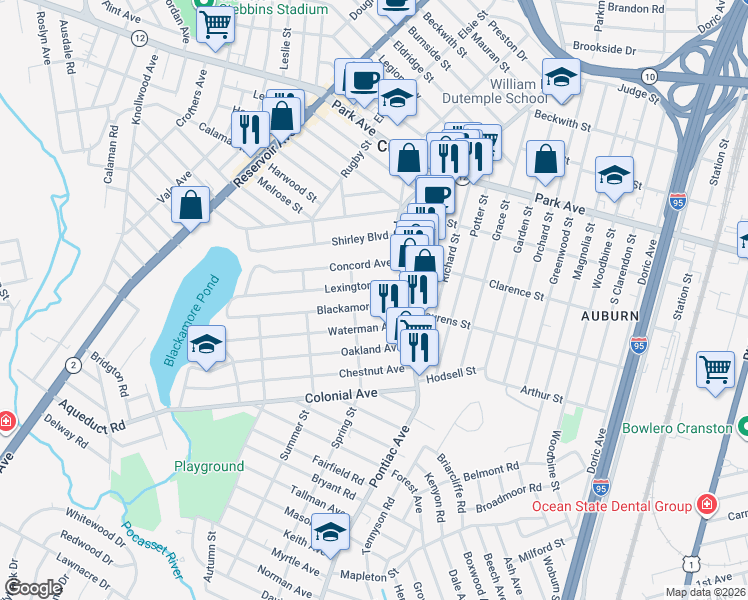 map of restaurants, bars, coffee shops, grocery stores, and more near 33 Blackamore Avenue in Cranston