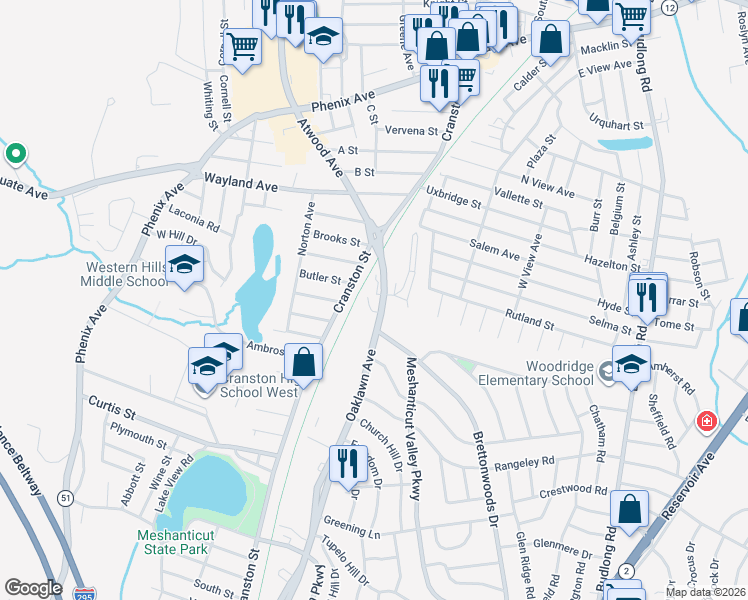 map of restaurants, bars, coffee shops, grocery stores, and more near 65 Oaklawn Avenue in Cranston