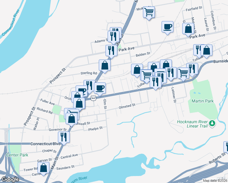 map of restaurants, bars, coffee shops, grocery stores, and more near 90 Burnside Avenue in East Hartford