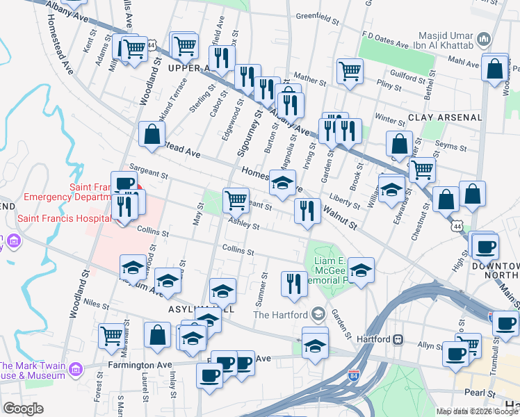 map of restaurants, bars, coffee shops, grocery stores, and more near 89 Sargeant Street in Hartford