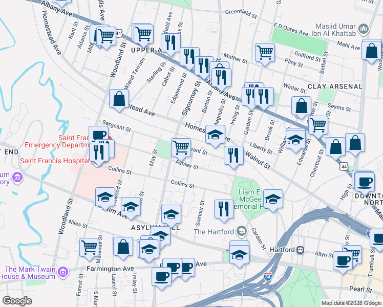 map of restaurants, bars, coffee shops, grocery stores, and more near 89 Sargeant Street in Hartford