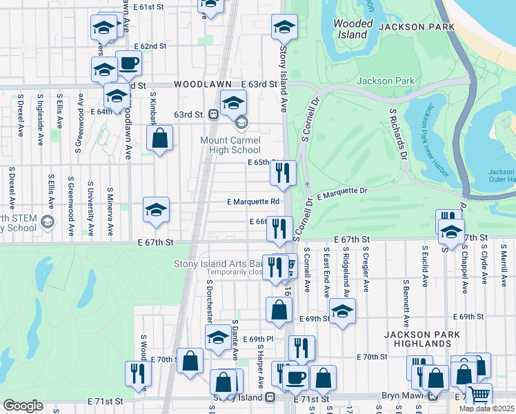 map of restaurants, bars, coffee shops, grocery stores, and more near 1513 East 66th Place in Chicago