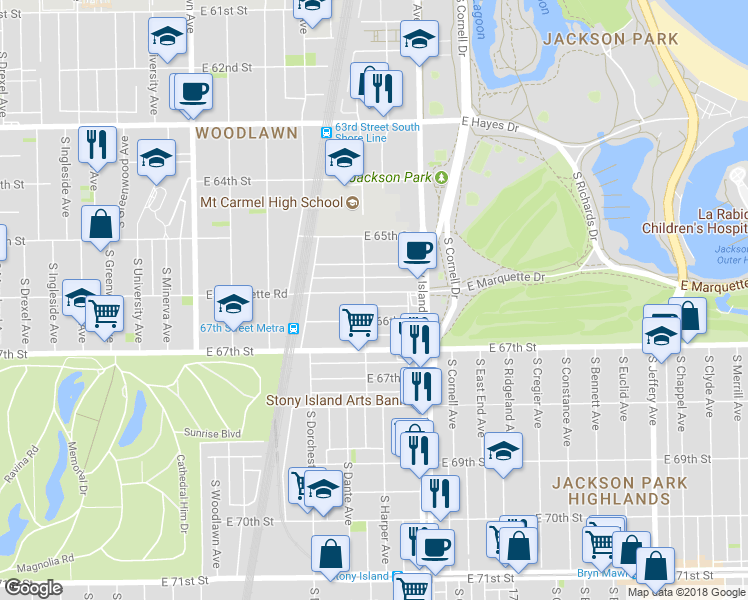 map of restaurants, bars, coffee shops, grocery stores, and more near 1513 East 66th Place in Chicago