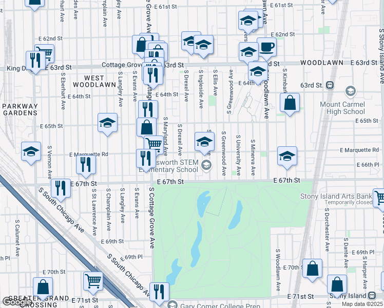 map of restaurants, bars, coffee shops, grocery stores, and more near 6555 South Drexel Avenue in Chicago